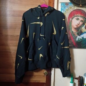 Women NIKE Sports Club Fleece hoodie AOP LOGO Black/Gold Size L